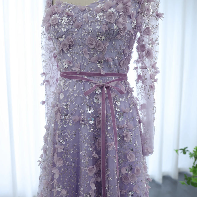 Sharon Said Luxury 3D Flower Gray Long Sleeves Evening Dresses