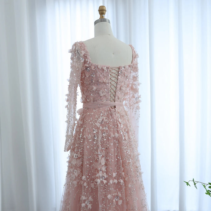 Sharon Said Luxury 3D Flower Gray Long Sleeves Evening Dresses