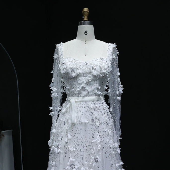 Sharon Said Luxury 3D Flower Gray Long Sleeves Evening Dresses