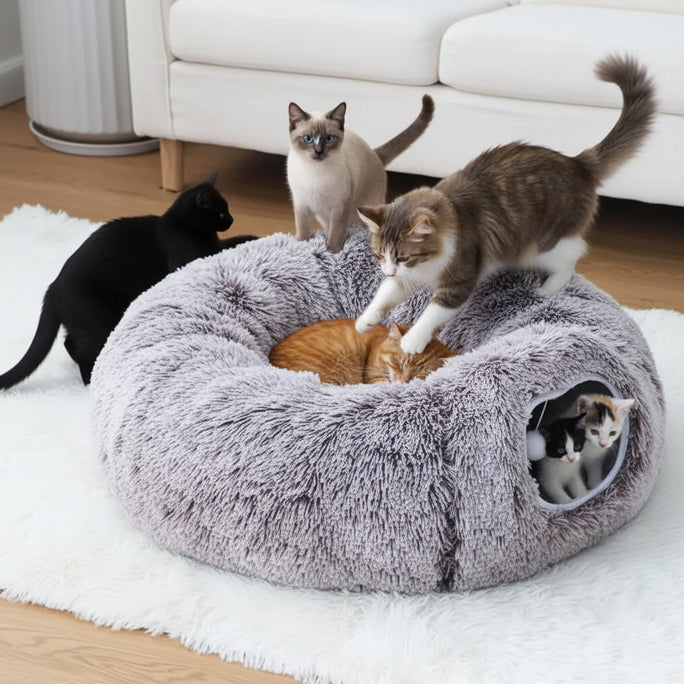 Plush Donut Cat Tunnel Bed – Round Play Tunnel with Hanging