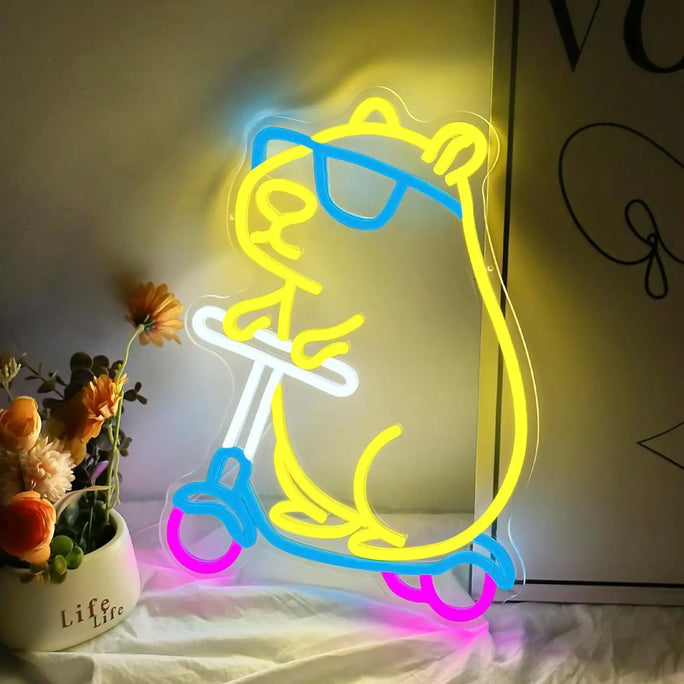 Cute Capybara on Scooter Neon Light USB Powered