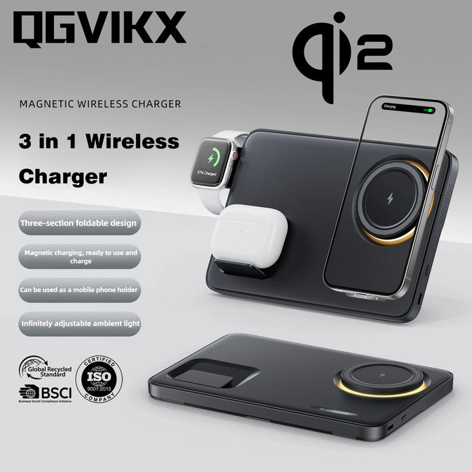 Qi2 15W 3-in-1 Foldable Magnetic Wireless Charger