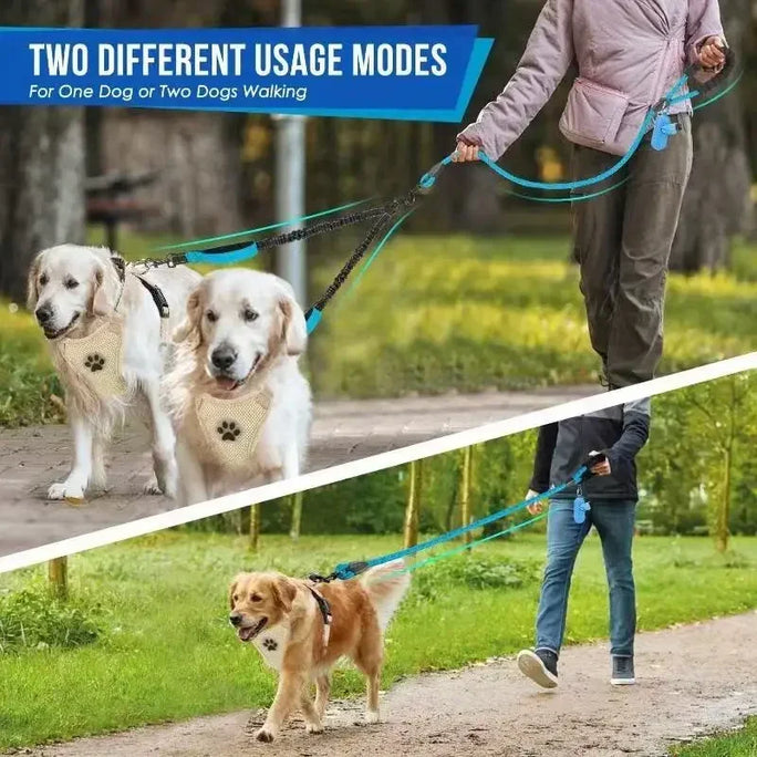 Reflective Double Dog Leash with Two Extra Traffic