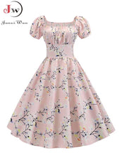 Elegant Floral Print Summer Dress Women Puff Sleeve