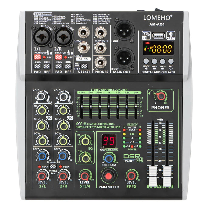 4/6 Channel Mixing Console 48V 99 DSP Effect Bluetooth