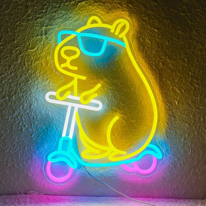 Cute Capybara on Scooter Neon Light USB Powered