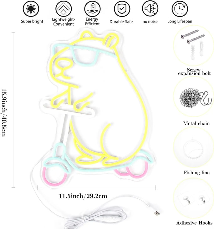 Cute Capybara on Scooter Neon Light USB Powered