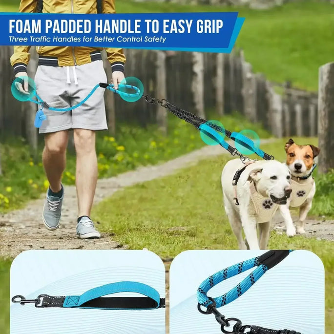 Reflective Double Dog Leash with Two Extra Traffic
