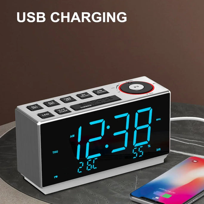 Dual Alarm Clock with FM Radio USB Charging Night