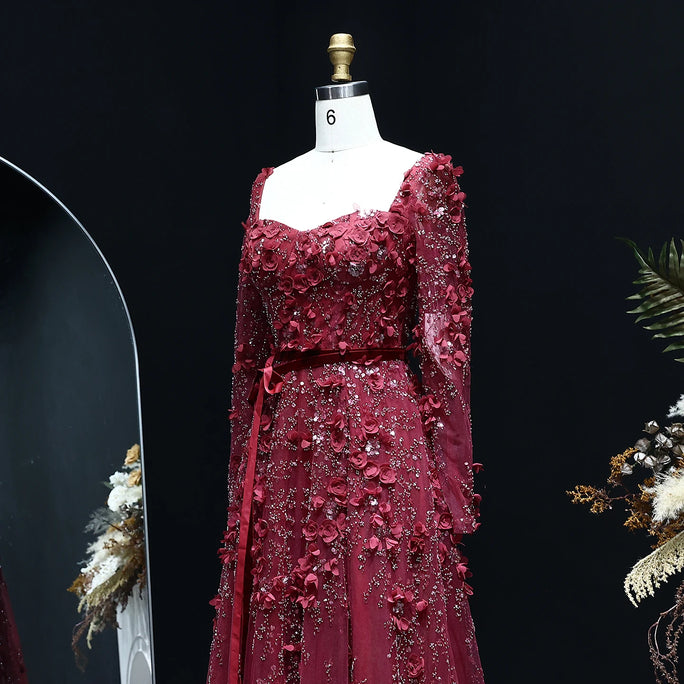 Sharon Said Luxury 3D Flower Gray Long Sleeves Evening Dresses