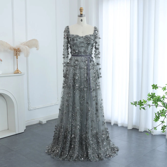 Sharon Said Luxury 3D Flower Gray Long Sleeves Evening Dresses