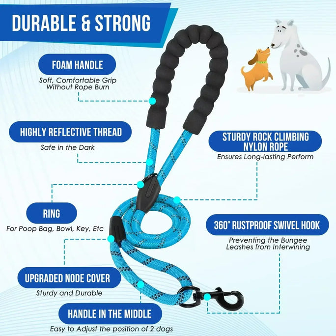 Reflective Double Dog Leash with Two Extra Traffic