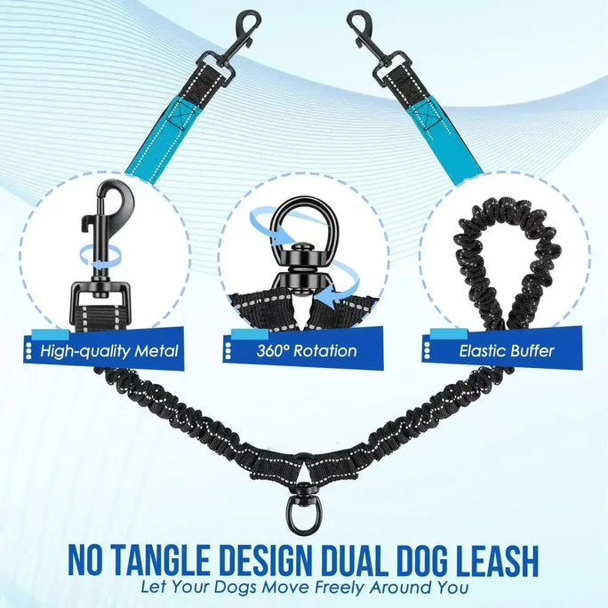 Reflective Double Dog Leash with Two Extra Traffic